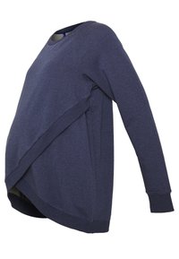 Felpa premaman in blu scuro, realizzata in tessuto morbido, presenta un design drappeggiato unico con orlo inclinato e polsini a costine.