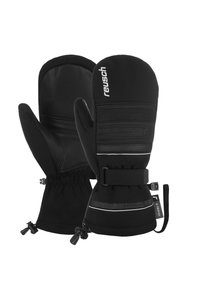 Moufles noires en softshell et cuir, dotées d'un poignet cintré, d'accents réfléchissants et d'une boucle robuste pour un ajustement réglable.