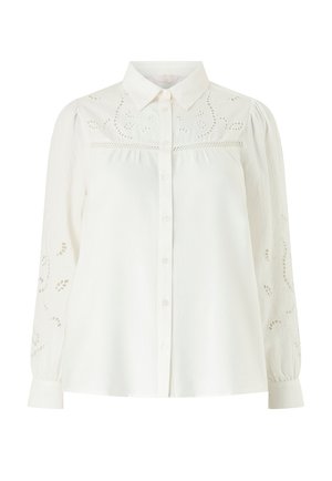 Witte blouse met lange mouwen, knoopsluiting aan de voorkant, puntige kraag, opgeblazen schouders en bloemrijke opengewerkte borduring op het rugpand en de mouwen.