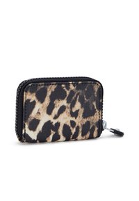 Taschen-Wallet mit Leopardenmuster, hergestellt aus strukturiertem Gewebe, mit einem schwarzen Reißverschluss und einem Zugband. Es hat eine flache rechteckige Form.