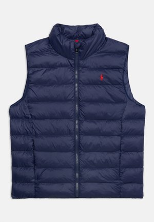Navy blue quilted sleeveless puffer vest with front zipper and red embroidered logo on left chest.