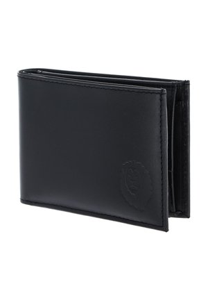Portefeuille noir en cuir bifold avec bords cousus et emblème de lion embossé dans le coin avant, montré fermé sous un léger angle.
