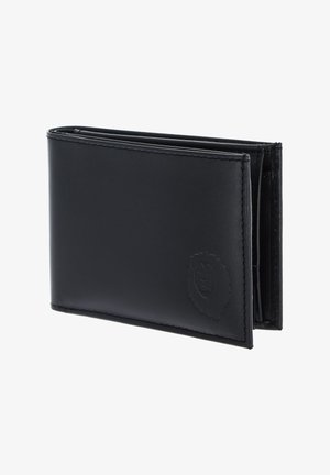 Black leather bifold wallet with stitched edges and embossed lion emblem on front corner, shown closed at slight angle.