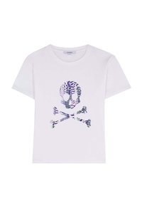Hvid bomulds T-shirt med et farverigt kranium og korslagte knogler grafisk motiv i lilla og grøn. Rund hals og korte ærmer.