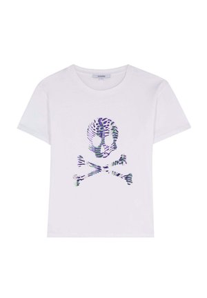Tricou alb din bumbac, cu un grafism colorat de craniu și oase în nuanțe de violet și verde. Guler rotund și mâneci scurte.