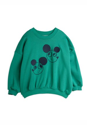 Grüne Sweatshirt aus weichem Stoff, versehen mit zwei gestickten Cartoon-Mausgesichtern in Marineblau. Runder Halsausschnitt und elastische Bündchen.