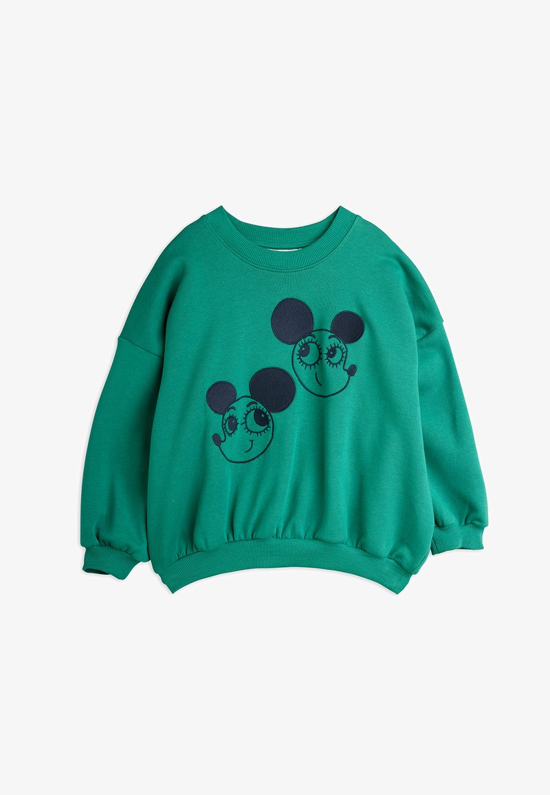Groene sweatshirt van zachte stof, voorzien van twee geborduurde cartoon muizengezichten in marineblauw. Ronde halslijn en elastische manchetten.