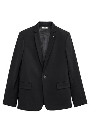 Zwarte blazer met een gesneden revers, enkele knoopsluiting, twee voorzakken en een gladde binnenvoering. Eenvoudig, op maat gemaakt ontwerp.