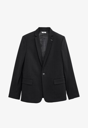 Zwarte blazer met een gesneden revers, enkele knoopsluiting, twee voorzakken en een gladde binnenvoering. Eenvoudig, op maat gemaakt ontwerp.