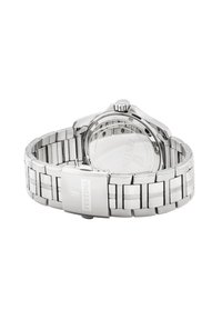 Orologio in acciaio inossidabile argentato con un bracciale massiccio, finitura lucida e cassa rotonda, dotato di una corona per la regolazione dell'orario.