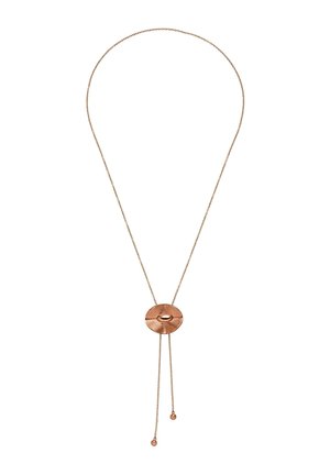 Goldfarbene Kette mit einem ovalen, strukturierten Anhänger und zwei herunterhängenden Kettenenden, die jeweils in einer kleinen runden Perle enden.