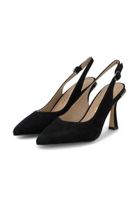 Pantofi cu toc slingback din suede negru, cu vârf ascuțit și toc subțire înalt. Prezintă un accent cu cataramă ajustabilă pe curea. Captuseală interioară netedă.