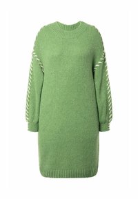 Grünes Strickkleid mit rundem Ausschnitt, langen Ärmeln und weißen dekorativen Nähten entlang der Ärmel. Weiche Textur und lässige Passform.