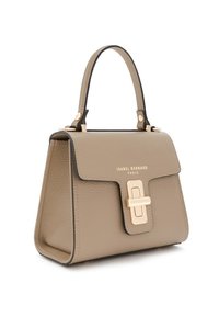 Beige Lederhandtasche mit strukturiertem Design, kontrastierenden schwarzen Kanten, goldenen Beschlägen und einem Frontverschluss. Verfügt über einen kurzen Griff.