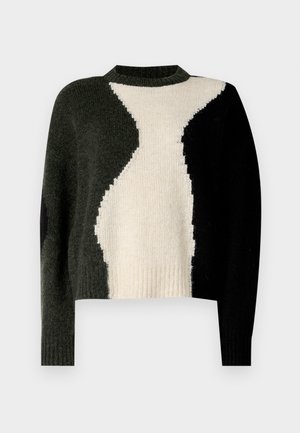 Sweater de malha com um design em blocos de cor em preto, verde escuro e creme. Gola redonda e bainha canelada. Textura suave, corte descontraído.