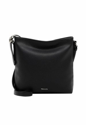 Borsa a tracolla nera in pelle con superficie testurizzata, forma elegante, chiusura con zip e hardware argentato. Presenta una tracolla regolabile e un dettaglio con logo.