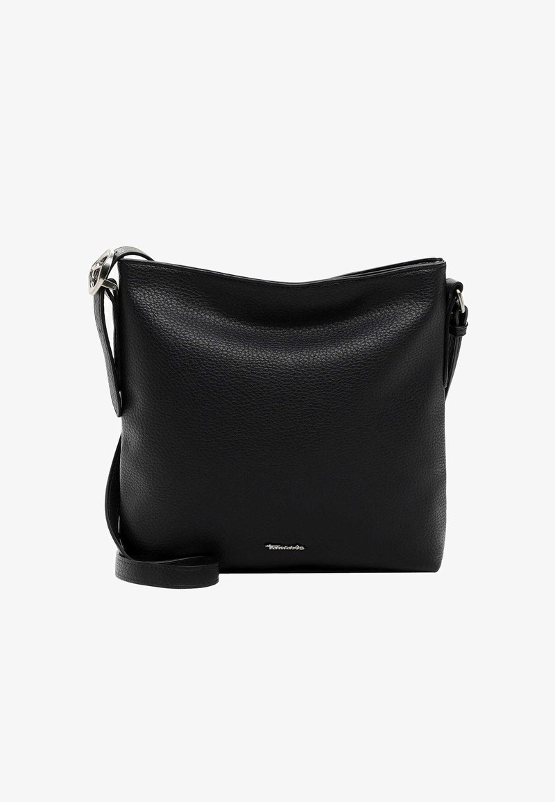 Borsa a tracolla nera in pelle con superficie testurizzata, forma elegante, chiusura con zip e hardware argentato. Presenta una tracolla regolabile e un dettaglio con logo.