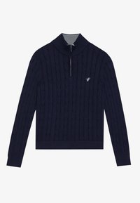 Navy kabelgebreide pullover met een halve ritssluiting kraag, geribbelde manchetten en zoom. Bevat een subtiele logo op de borst, gemaakt van textuur gebreide stof.