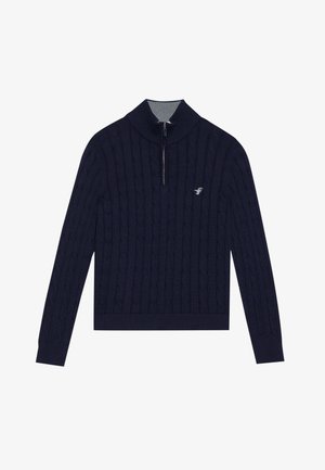 Navy sweter z splotem w jodełkę, z kołnierzem zapinanym na pół zamek, ściągaczami przy mankietach i u dołu. Zawiera subtelne logo na piersi, wykonane z teksturowanej dzianiny.