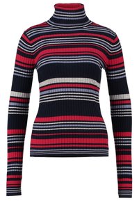 Jersey de cuello alto acanalado con rayas horizontales en rojo, azul marino, gris y lavanda, con mangas largas y un corte ajustado.