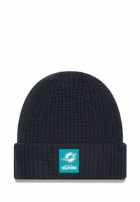 Dunkelblauer Strickmütze mit umgeschlagenem Bund, auf der Vorderseite mit einem türkisfarbenen Miami Dolphins Logo-Patch. Strukturierter Rippmuster überall.