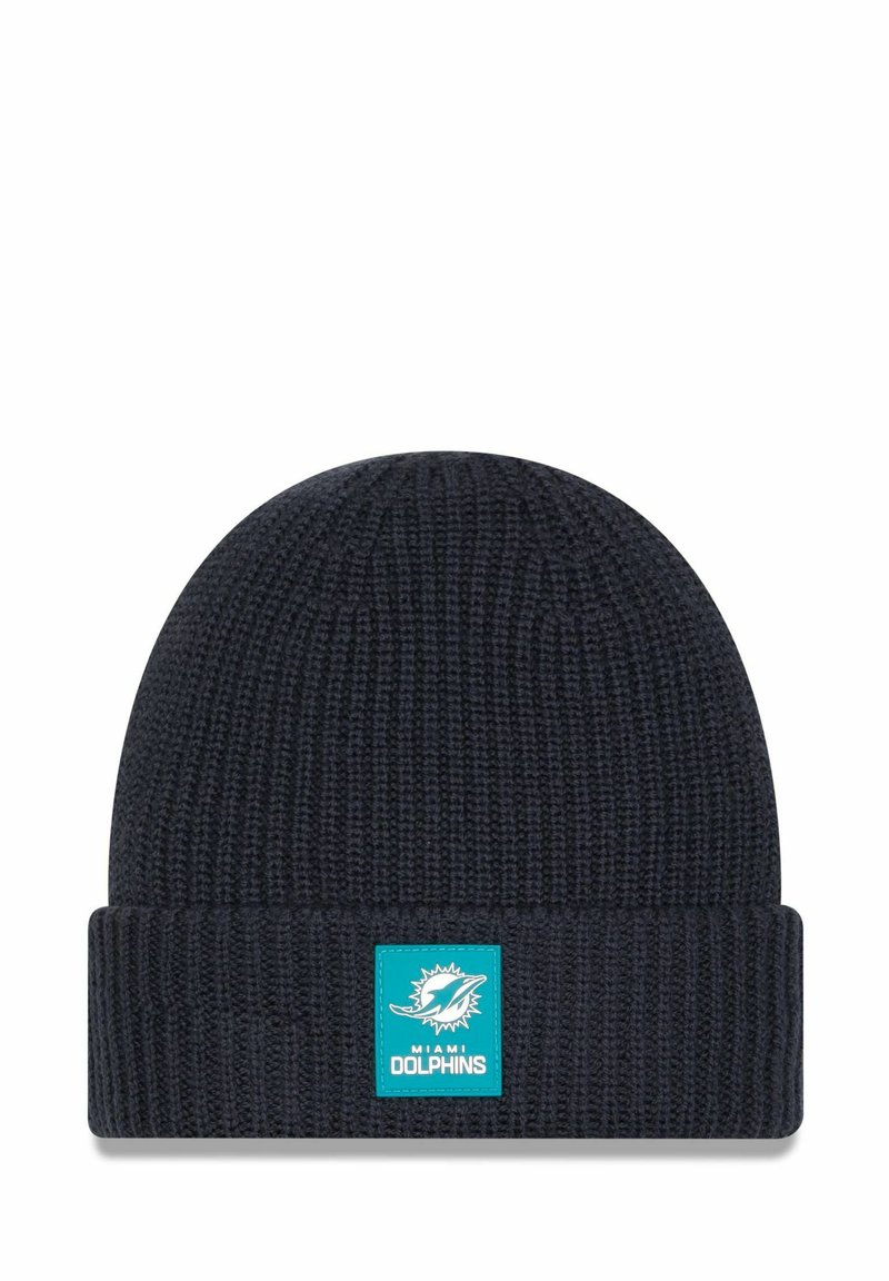 Dunkelblauer Strickmütze mit umgeschlagenem Bund, auf der Vorderseite mit einem türkisfarbenen Miami Dolphins Logo-Patch. Strukturierter Rippmuster überall.