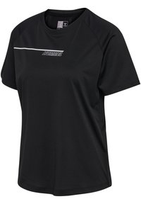 Czarny sportowy t-shirt wykonany z teksturowanej tkaniny, z krótkimi rękawami i okrągłym dekoltem. Posiada białe logo marki oraz poziomą paski.