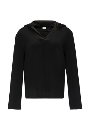 Felpa nera a maniche lunghe con scollatura a V, dotata di cappuccio foderato in satin e taglio rilassato. Tessuto morbido e elastico con spalle senza cuciture.