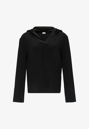 Felpa nera a maniche lunghe con scollatura a V, dotata di cappuccio foderato in satin e taglio rilassato. Tessuto morbido e elastico con spalle senza cuciture.