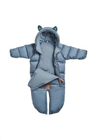 Polstret baby vinterdragt i lyseblå med hætte, der har bjørneører, blødt for, lynlås lukning og et lille mærke foran.