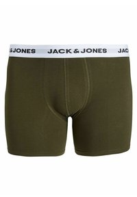 Olivgrön kalsonger med en vit midja med texten "JACK & JONES" i svart. Tillverkade av ett mjukt, stretchigt material.