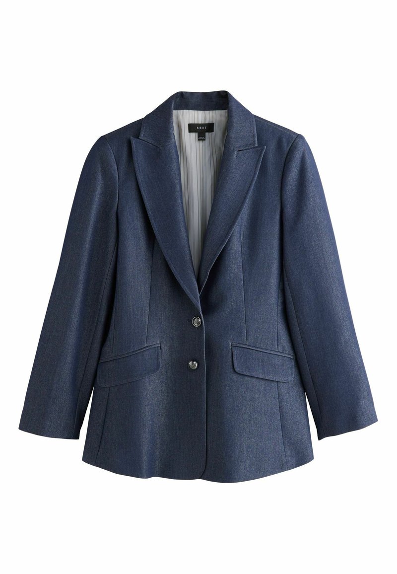 Navy denim blazer with two front pockets, notched lapels, single-button closure, and a pleated lighter interior lining.