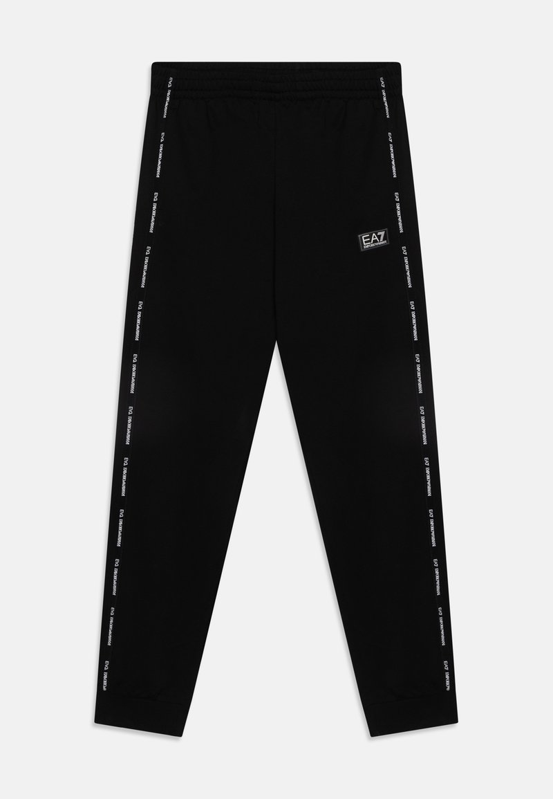 Black athletic pants with an elastic waistband, featuring white logo tape along the sides and a small logo patch on the front.