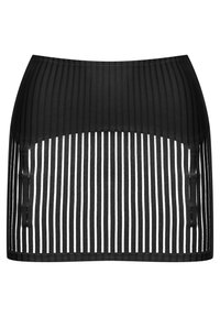 Jupe mini rayée noir et blanc en tissu lisse, dotée de rayures verticales et d'un design ajusté, avec un ourlet fini.