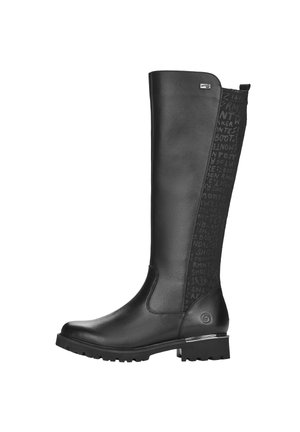Black knee-high boots feature a smooth leather front and textured fabric back with printed text, sturdy rubber sole, and metallic accent.