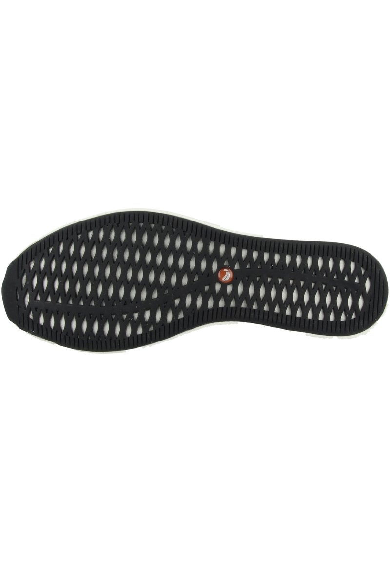 Semelle de chaussure en caoutchouc noir avec un motif en diamant, surface texturée et un petit logo orange près du centre.