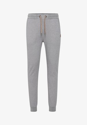 Sive hlače s pasom na vrvico, z ribanim robom in mehkimi, teksturiranimi tkaninami. Vsebujejo okrasne šive.