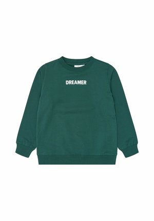 Sweat-shirt vert foncé à manches longues avec poignets et ourlet côtelés, arborant le mot "DREAMER" en lettres majuscules blanches sur la poitrine.