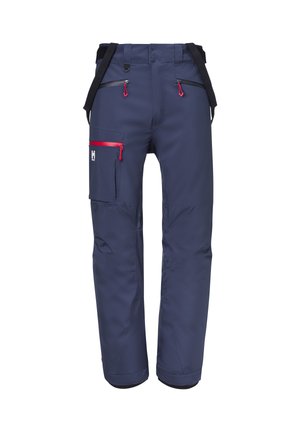 Navy waterproof pants with red accents, adjustable straps, multiple pockets, zip closures, and a straight-leg design.