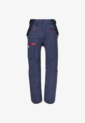Navy wasserdichte Hose mit roten Akzenten, verstellbaren Trägern, mehreren Taschen, Reißverschluss und geradem Bein-Design.
