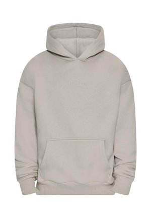 Felpa beige con cappuccio regolabile, tasca a marsupio e polsini a costine. Il tessuto sembra morbido con un logo in rilievo discreto sul davanti.