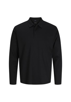 Polo noir à manches longues avec trois boutons et col, montré de face sur fond blanc.