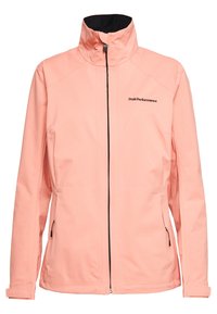 Veste d'extérieur rose clair avec un col montant, une fermeture éclair à l'avant, un logo noir, des poches latérales zippées et des manches longues avec des poignets ajustables.