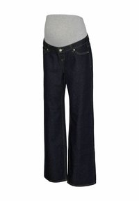 Mörkbl å denimjeans med vid benmodell, med en grå jersey graviditetsmidja och kontrasterande gula sömmar.