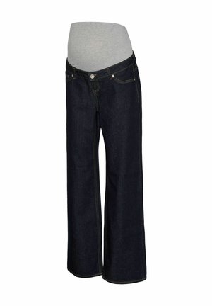 Granatowe dżinsy z szerokimi nogawkami, z szarym ciążowym paskiem z jersey i kontrastującymi żółtymi detalami przeszycia.