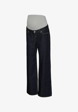 Tumedat sinised teksapüksid laia jalgade disainiga, mis on varustatud halli džersise rasedusvöödiga ja kontrastse kollase tikandiga.