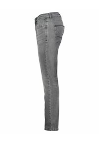 Jean en denim gris avec une coupe slim, taille mi-haute, design traditionnel à cinq poches et détails de couture visibles le long des coutures.