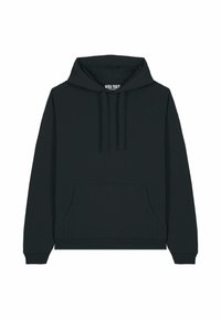 Felpa nera con cappuccio, tasca a marsupio frontale e cappuccio con cordini, stesa su uno sfondo bianco.