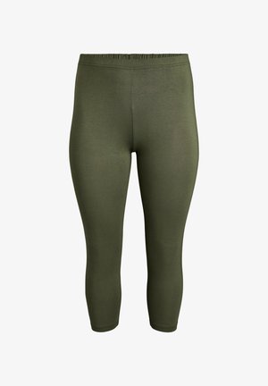 Olivgrüne Leggings aus elastischem Material, mit hohem Bund und eng anliegendem Schnitt, der knapp unterhalb der Wade endet.