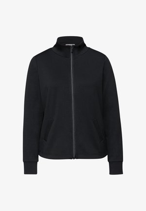 Czarna kurtka na zamek z wysokim kołnierzem, długimi rękawami, dwoma bocznymi kieszeniami i gładką, miękką fakturą. Prosty design bez wzorów.